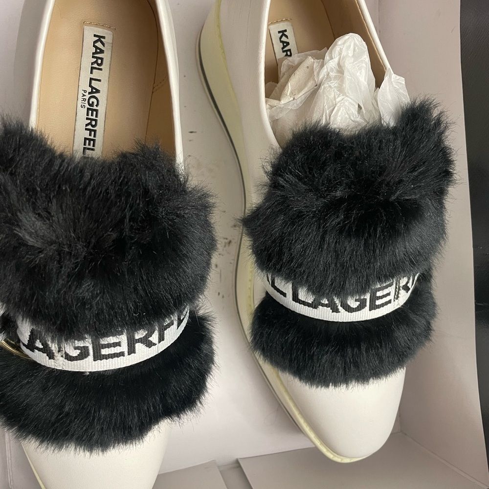 Karl Lagerfeld White Platform Slip-On Mules with Black Faux Fur and Logo Band